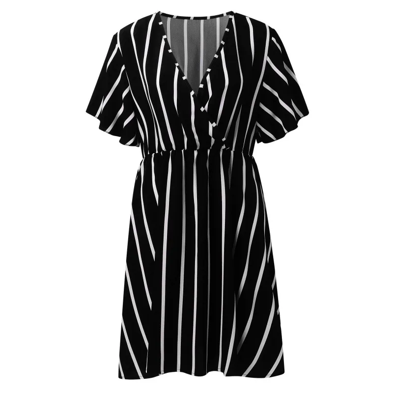 Women Plus Size Stripe V-Neck Short-Sleeved Casual V Neck Dress - Image 6