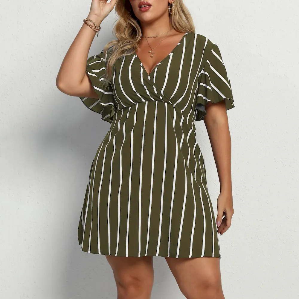 Women Plus Size Stripe V-Neck Short-Sleeved Casual V Neck Dress - Image 14