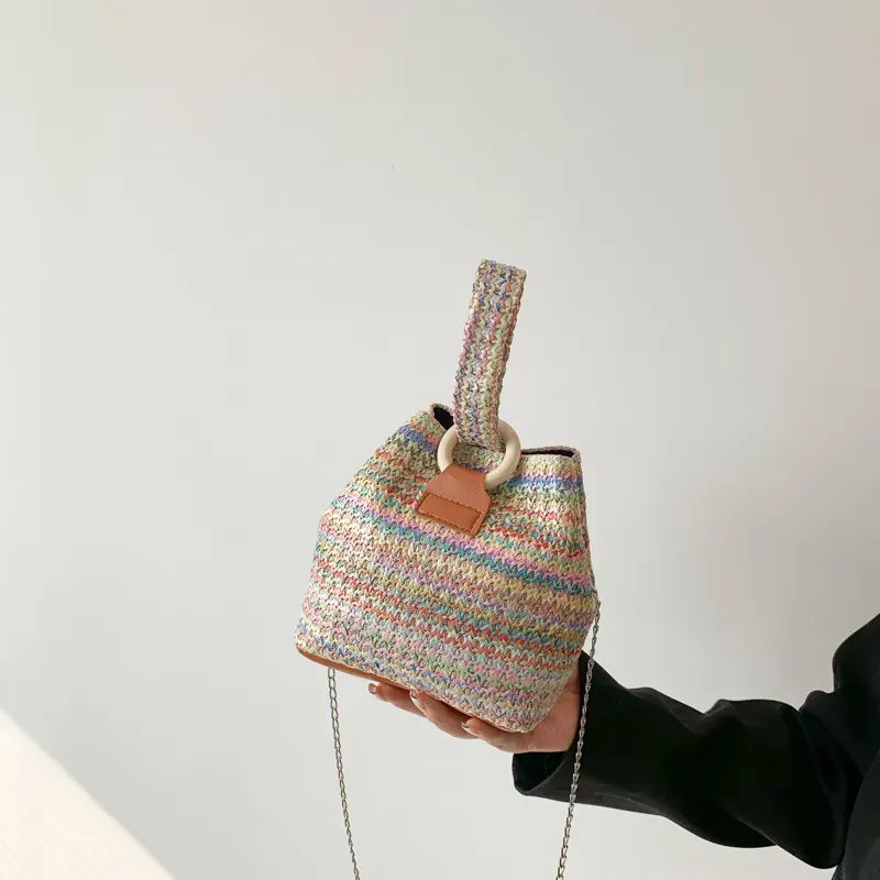 Women Fashion Retro Multicolor Straw Bucket Bag - Image 3