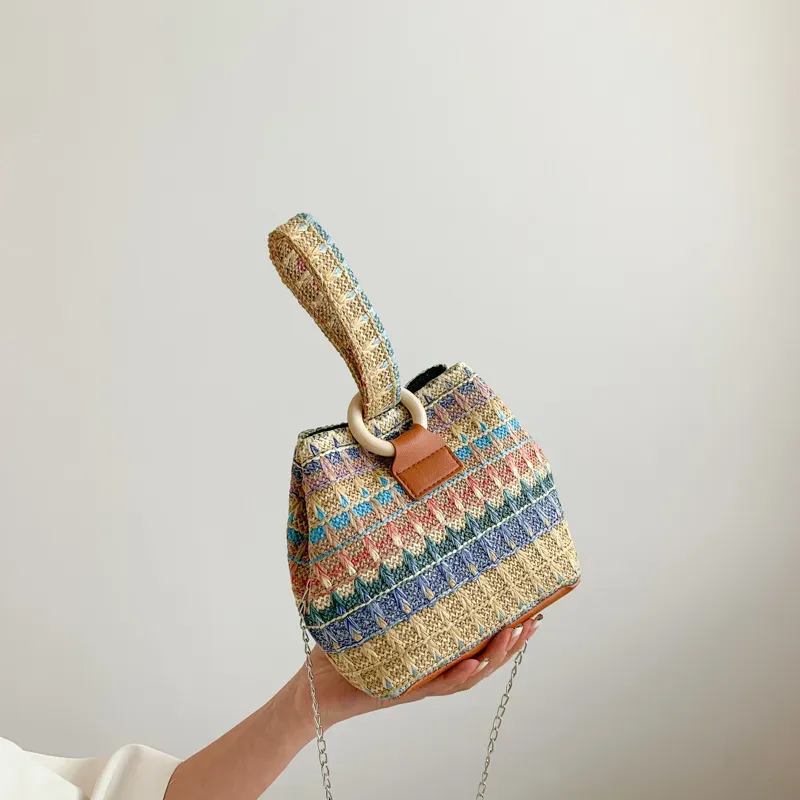 Women Fashion Retro Multicolor Straw Bucket Bag - Image 4