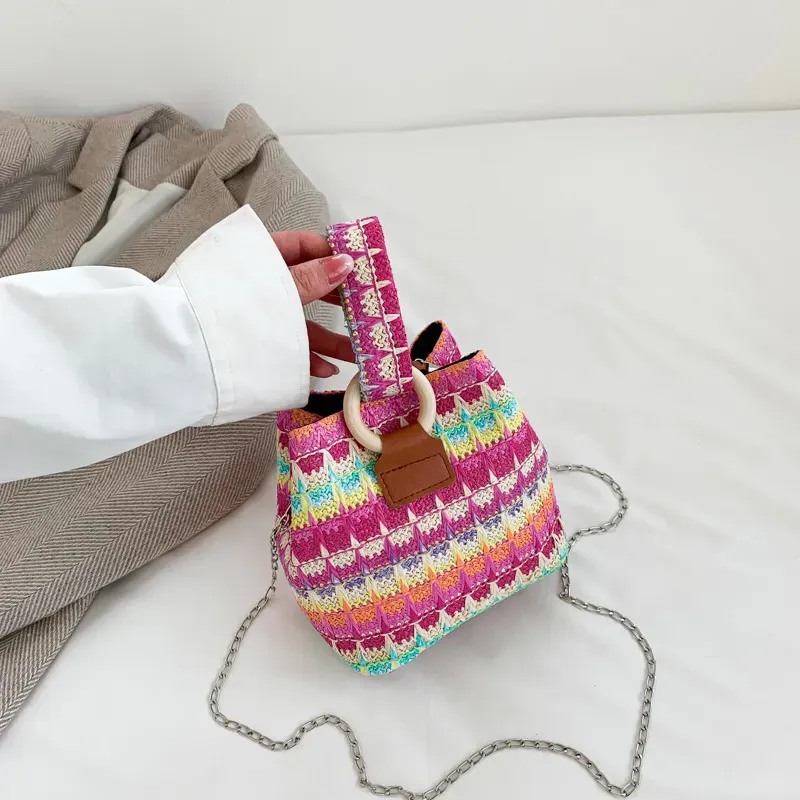 Women Fashion Retro Multicolor Straw Bucket Bag - Image 7