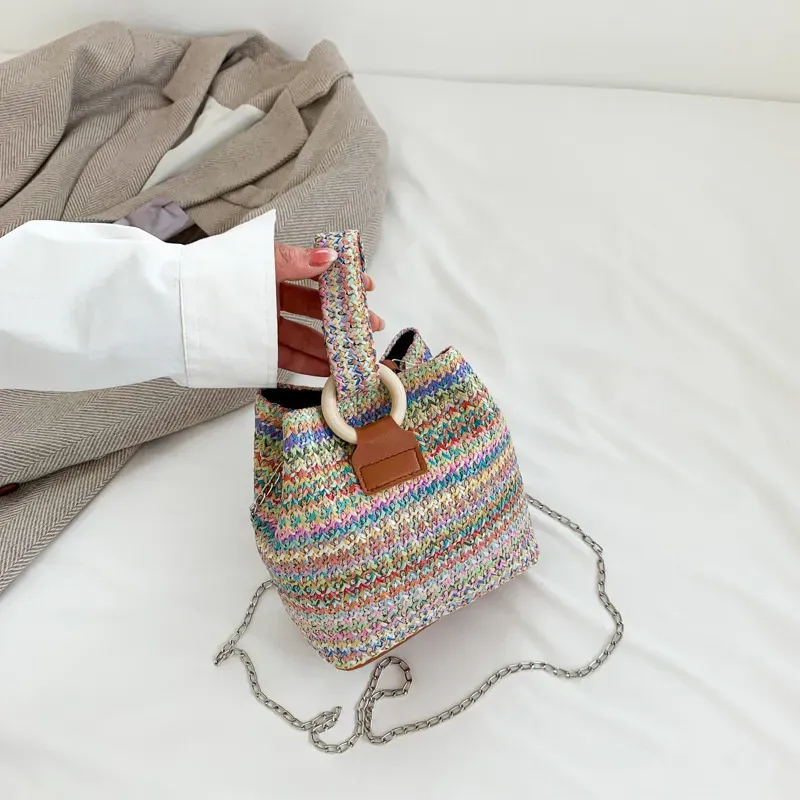 Women Fashion Retro Multicolor Straw Bucket Bag - Image 8