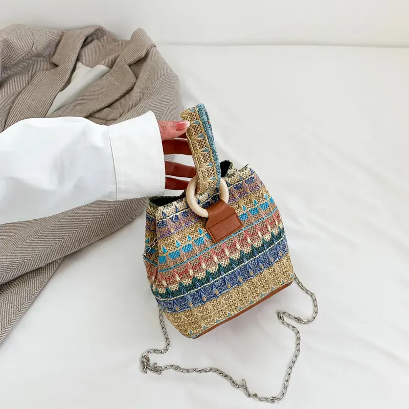 Women Fashion Retro Multicolor Straw Bucket Bag - Image 9