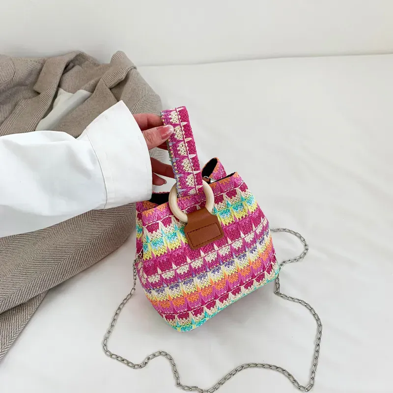 Women Fashion Retro Multicolor Straw Bucket Bag - Image 10