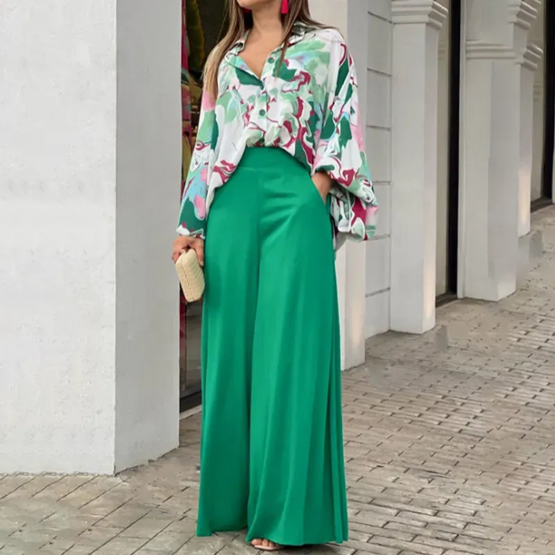 Women Fashion Casual Vacation Floral Printed Lapel Long Sleeve Top Defined Waist Wide Leg Pants Two-Piece Set