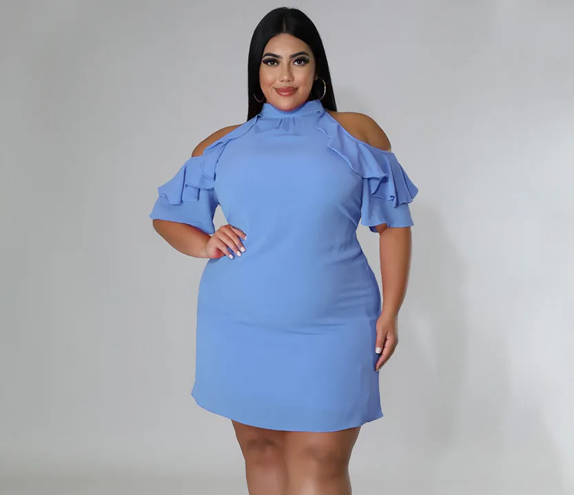 Women Fashion Sexy Solid Color Ruffled Cool-Shoulder Plus Size Dress
