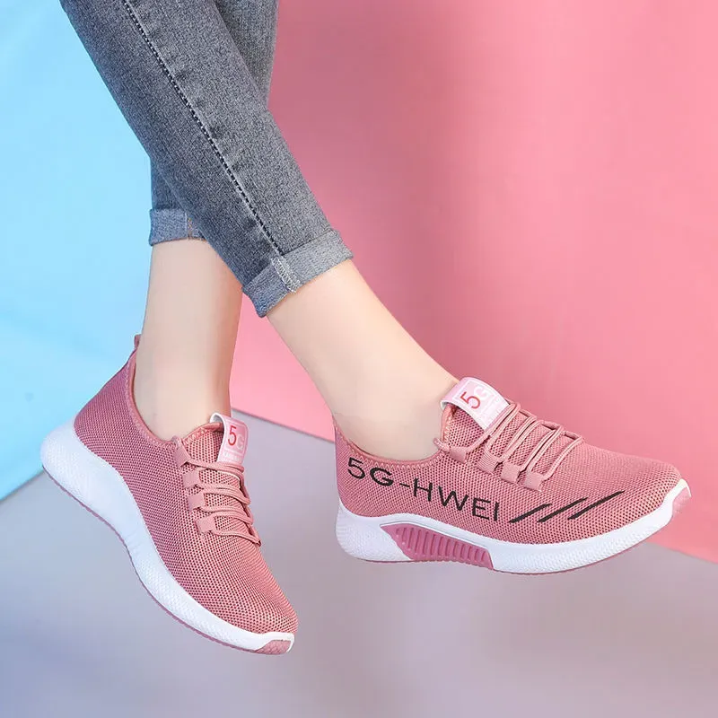 Women Fashion Lace-Up Round Toe Solid Color Breathable Sneakers