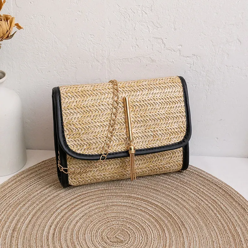 Women Fashion Casual Vacation Beach Magnetic Buckle Flap Chain Square Straw Woven Crossbody Bag - Image 8