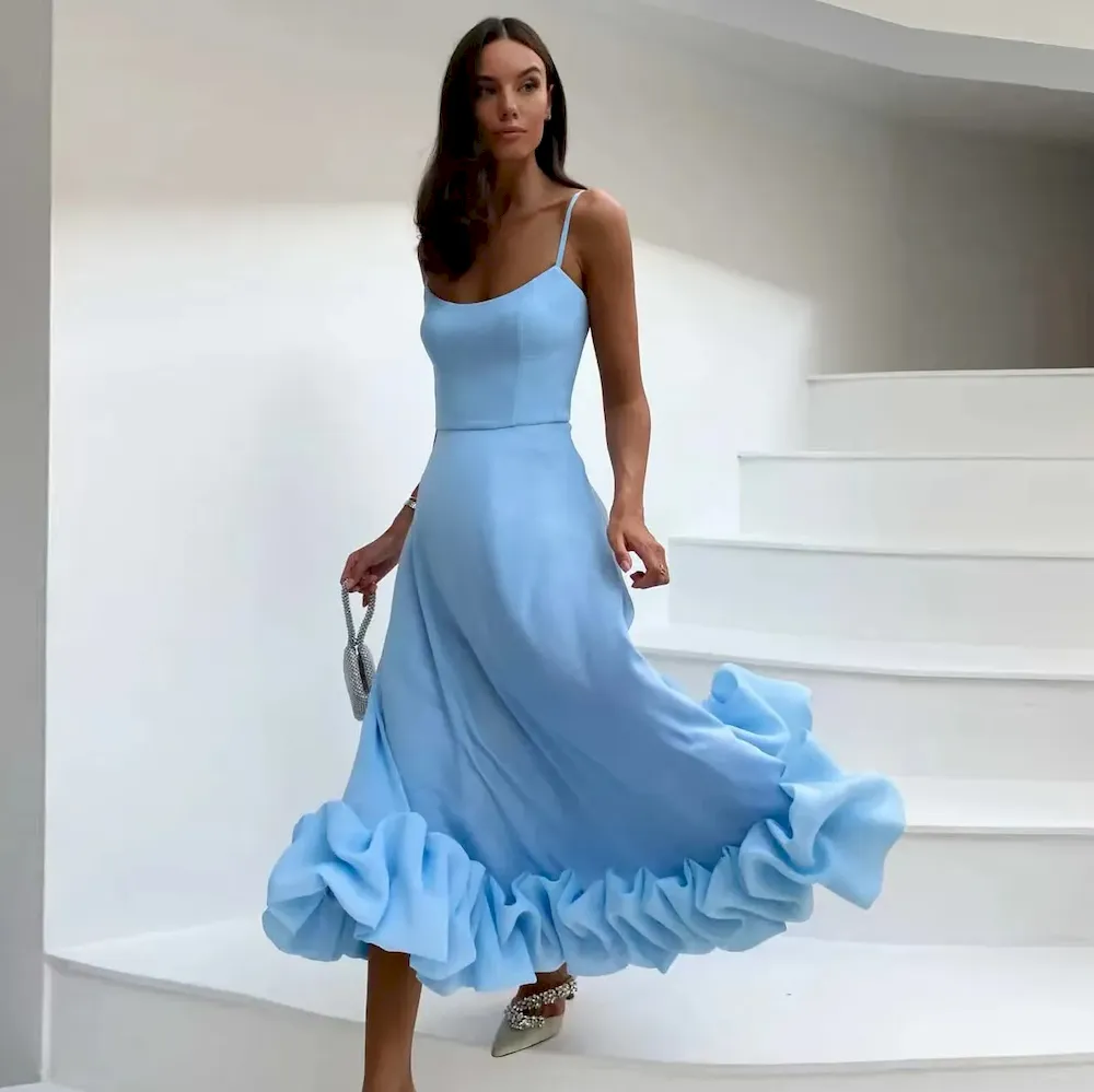 Women Fashion Solid Color Sling Flounce Dress