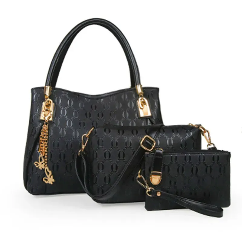 Women Retro Fashion Embossed Shoulder Handbag Three-Piece Set - Image 7
