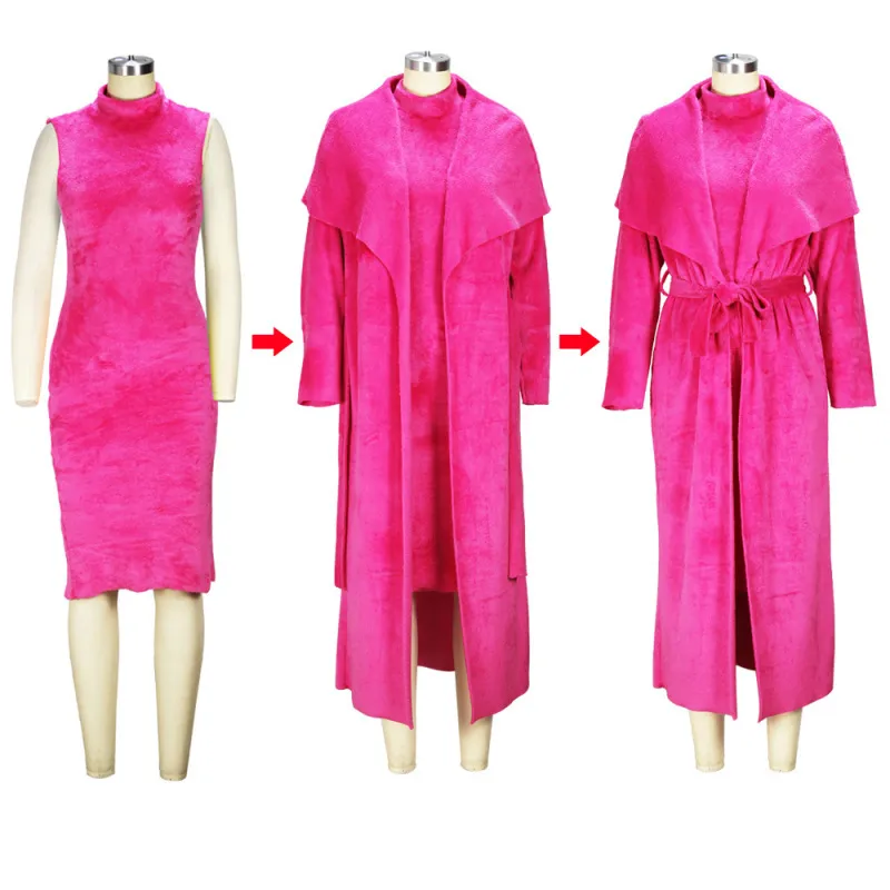 Autumn And Winter Women Fashion Solid Color Plush Dress Long Coat Lace-Up Two-Piece Set - Image 3