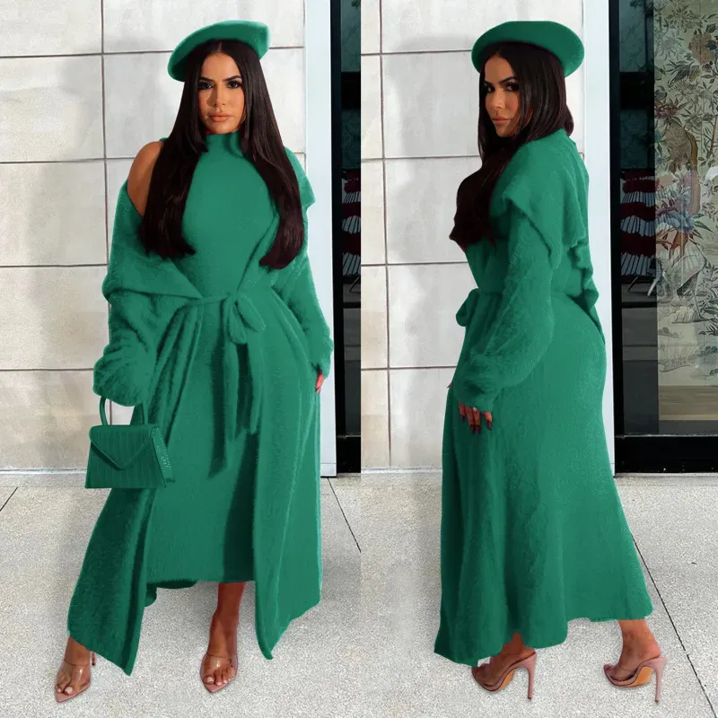 Autumn And Winter Women Fashion Solid Color Plush Dress Long Coat Lace-Up Two-Piece Set - Image 5