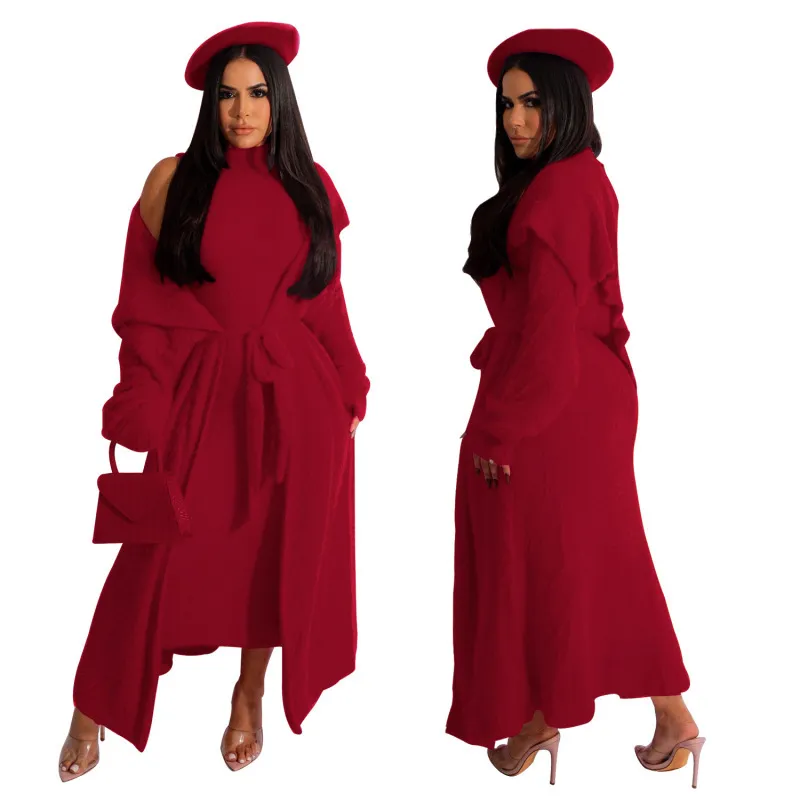 Autumn And Winter Women Fashion Solid Color Plush Dress Long Coat Lace-Up Two-Piece Set - Image 6