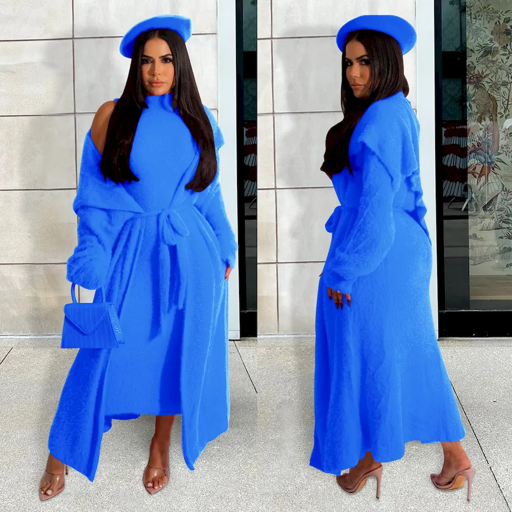 Autumn And Winter Women Fashion Solid Color Plush Dress Long Coat Lace-Up Two-Piece Set - Image 10