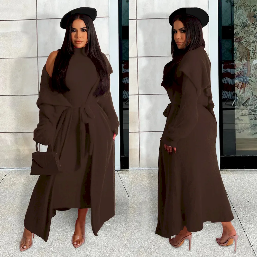 Autumn And Winter Women Fashion Solid Color Plush Dress Long Coat Lace-Up Two-Piece Set - Image 11
