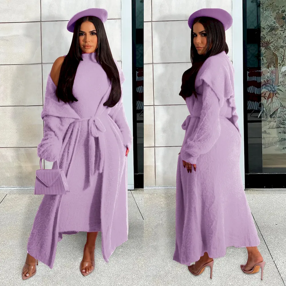 Autumn And Winter Women Fashion Solid Color Plush Dress Long Coat Lace-Up Two-Piece Set - Image 15