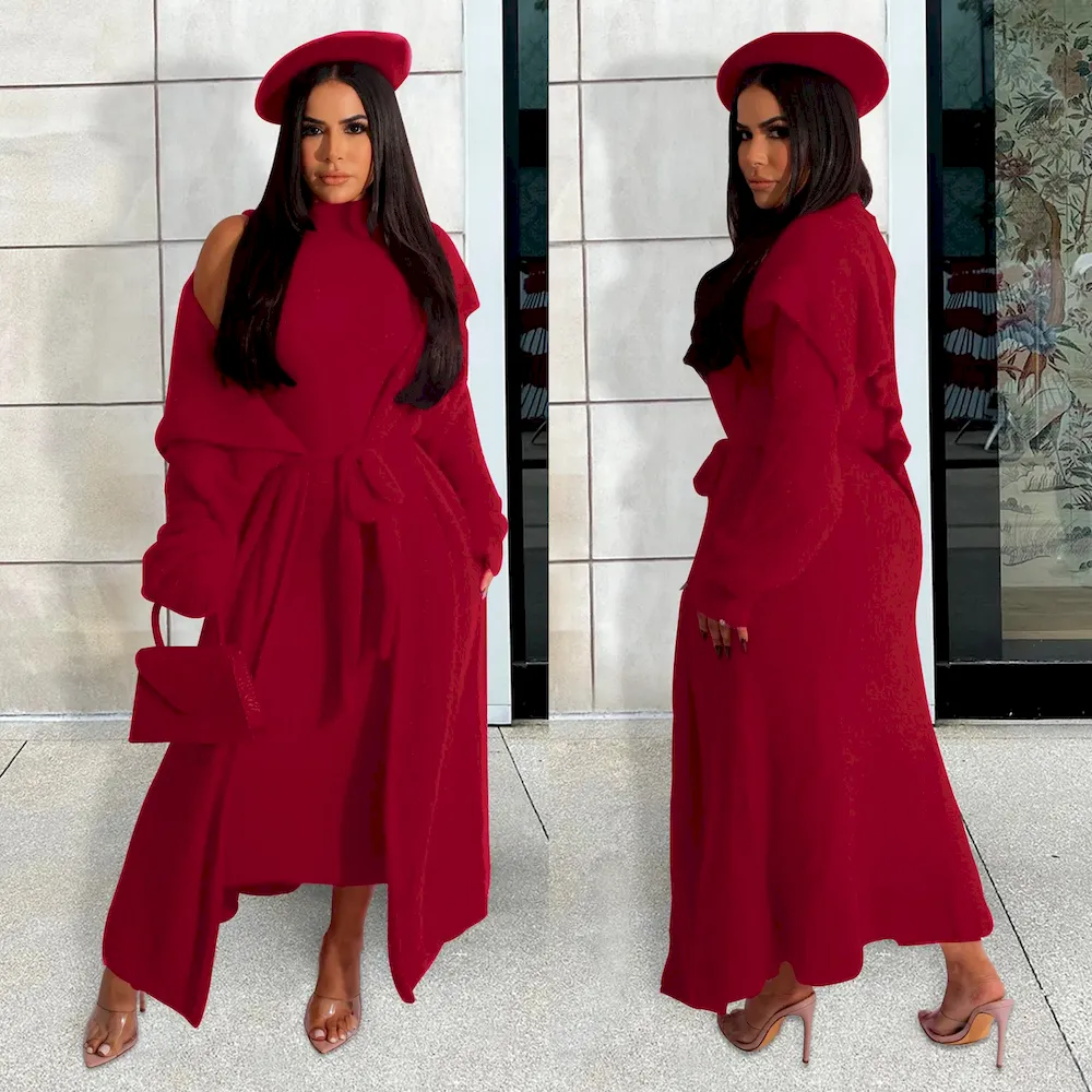 Autumn And Winter Women Fashion Solid Color Plush Dress Long Coat Lace-Up Two-Piece Set - Image 16
