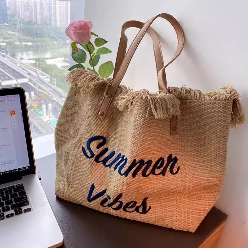 Women Fashion Solid Color Tassel Letter Embroidered Large Capacity Tote Bag - Image 3
