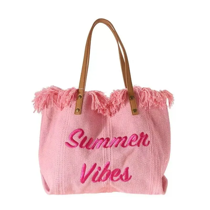 Women Fashion Solid Color Tassel Letter Embroidered Large Capacity Tote Bag - Image 4