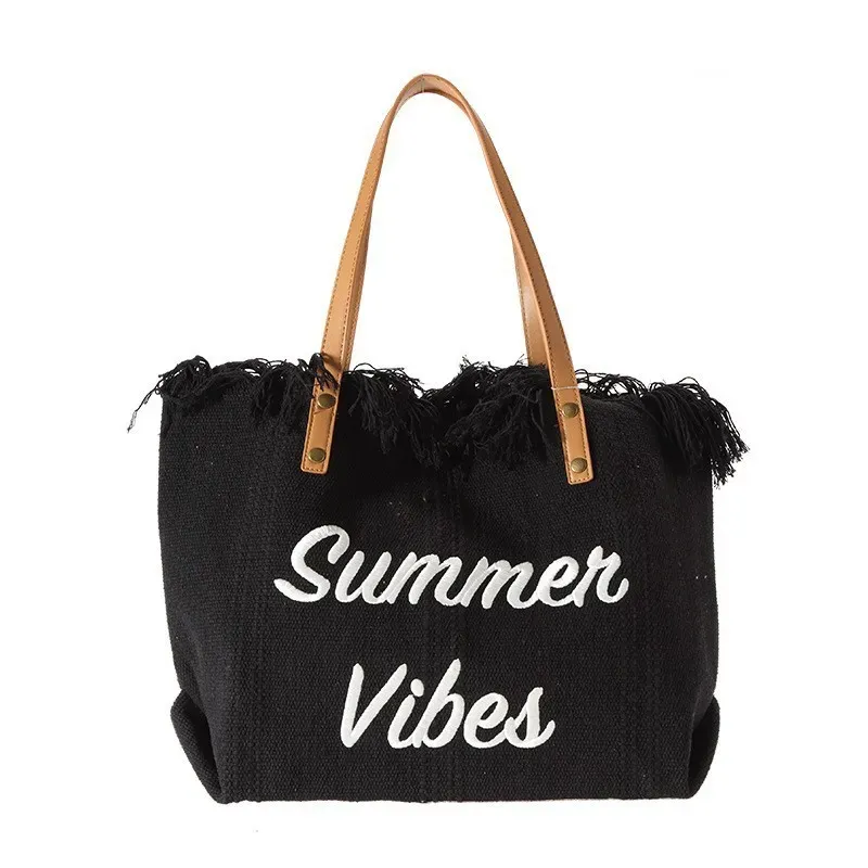 Women Fashion Solid Color Tassel Letter Embroidered Large Capacity Tote Bag - Image 7