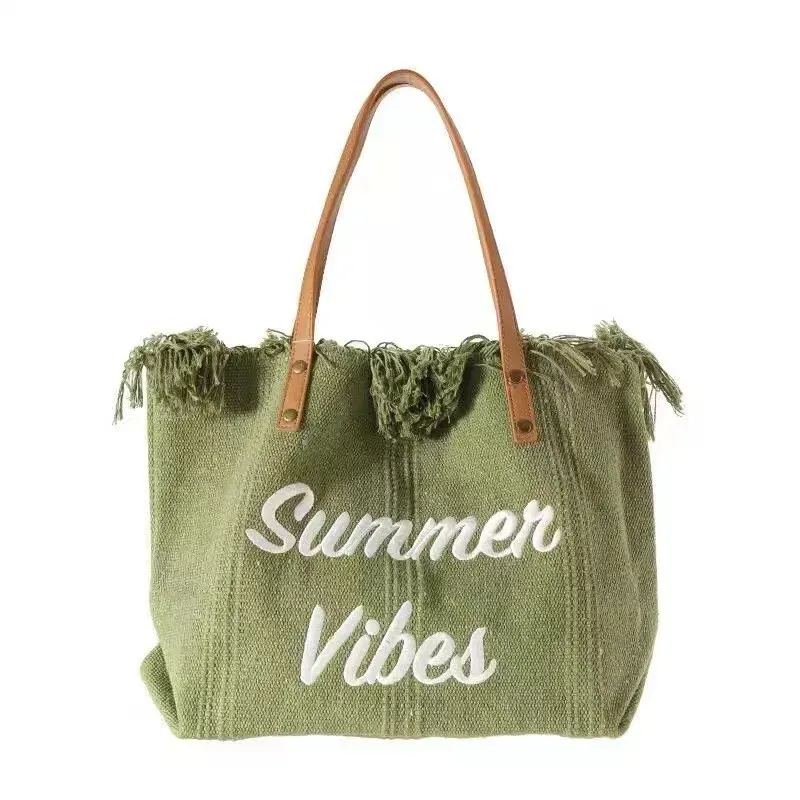 Women Fashion Solid Color Tassel Letter Embroidered Large Capacity Tote Bag - Image 9