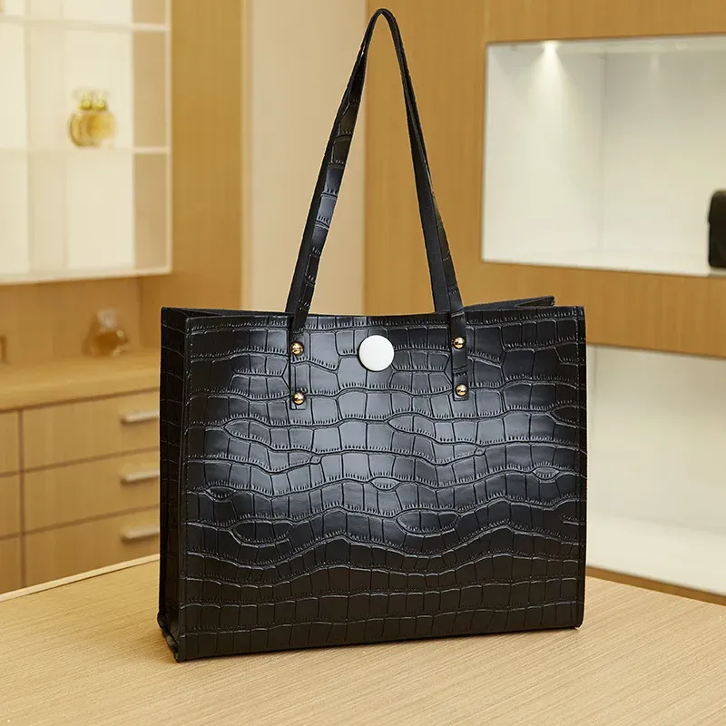 Women Fashionable Simple Crocodile Print Large Capacity Square Tote Bag - Image 8