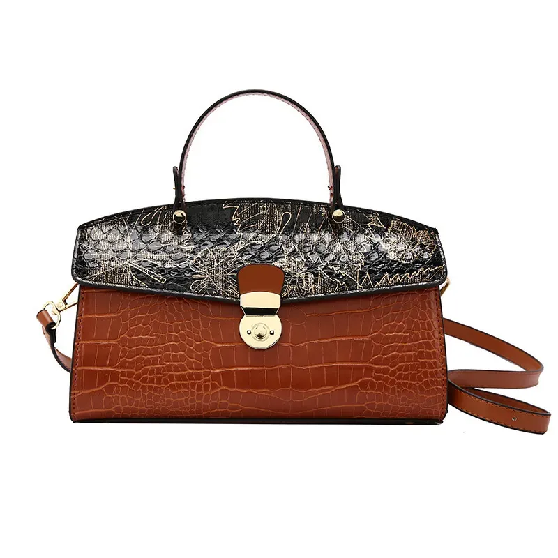 Women Fashion Colorblock Crocodile-Print Clamshell Crossbody Bag - Image 5
