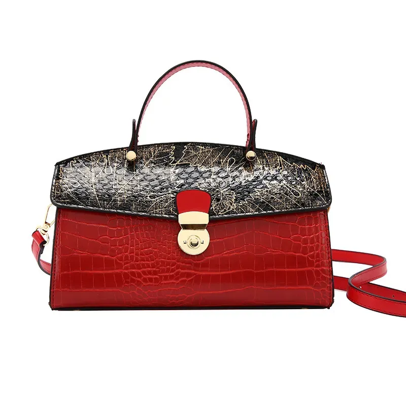 Women Fashion Colorblock Crocodile-Print Clamshell Crossbody Bag - Image 8
