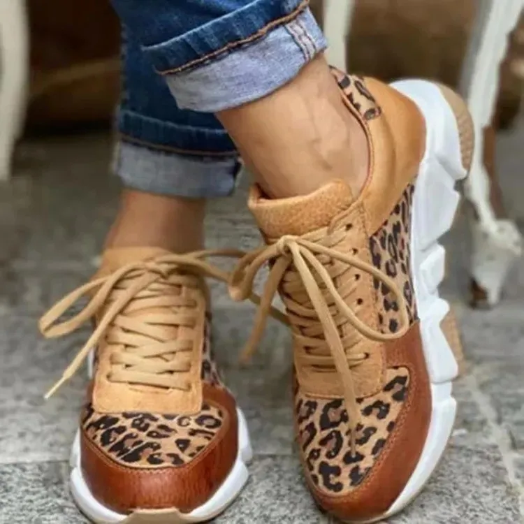 Women Fashion Casual Plus Size Leopard Round Toe Lace-Up Sneakers