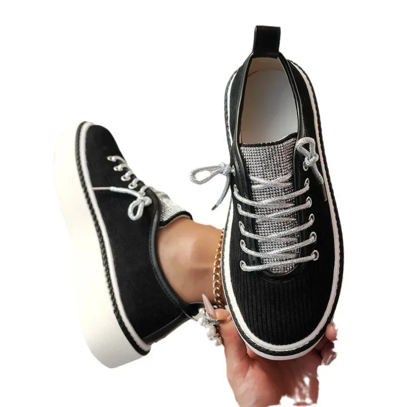 Women Fashion Plus Size Rhinestone Lace-Up Thick-Soled Sneakers - Image 5