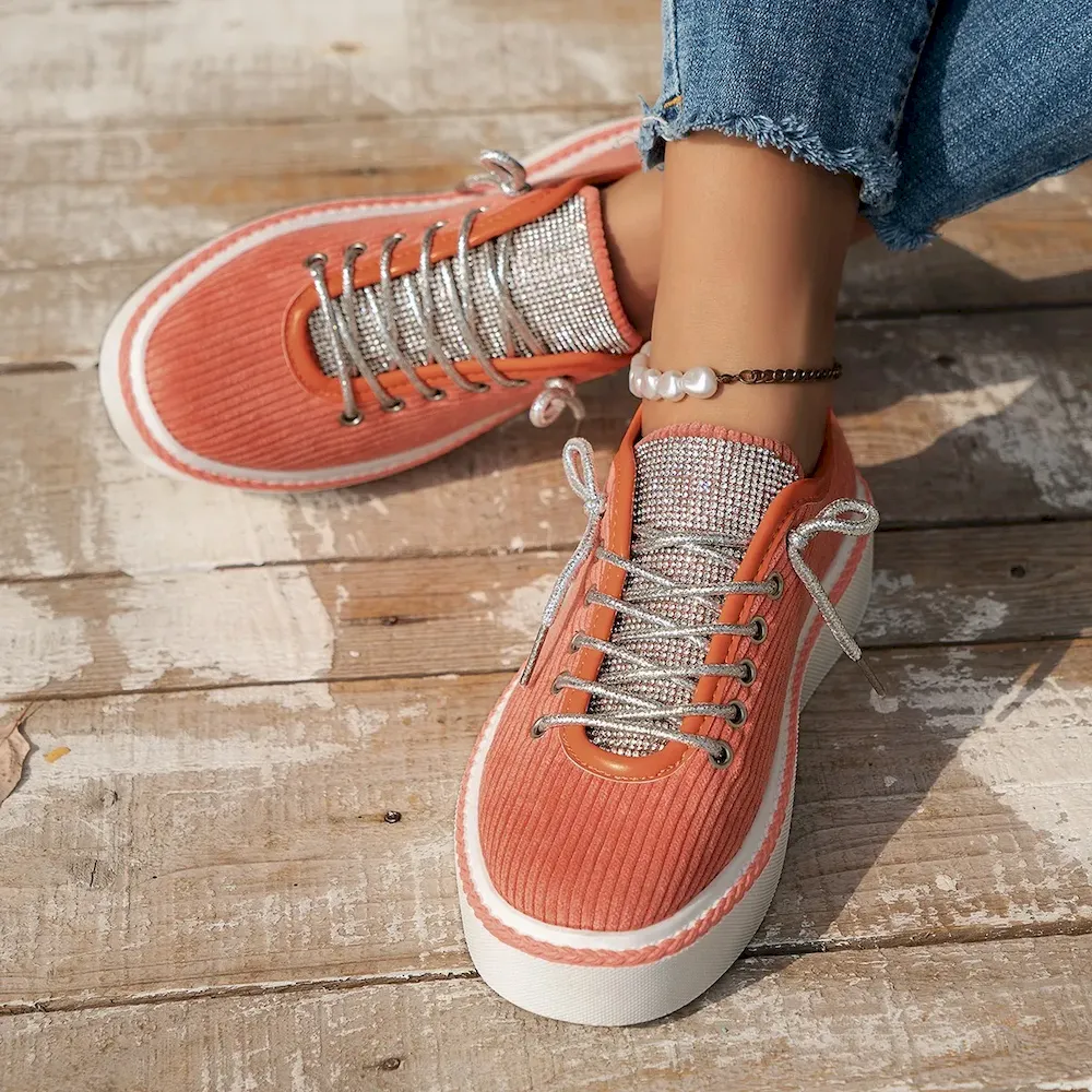Women Fashion Plus Size Rhinestone Lace-Up Thick-Soled Sneakers - Image 8