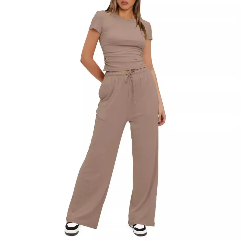 Women Casual Solid Color Short-Sleeved Top High Waist Wide-Leg Trousers Sportswear Set - Image 3