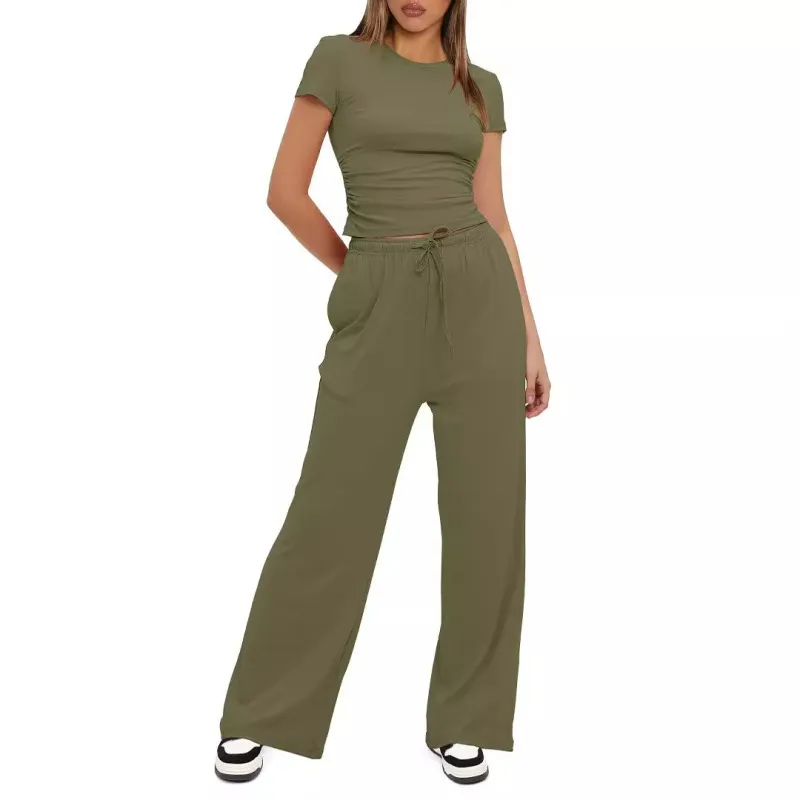 Women Casual Solid Color Short-Sleeved Top High Waist Wide-Leg Trousers Sportswear Set - Image 4