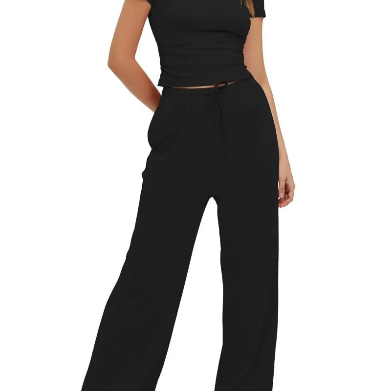 Women Casual Solid Color Short-Sleeved Top High Waist Wide-Leg Trousers Sportswear Set - Image 5