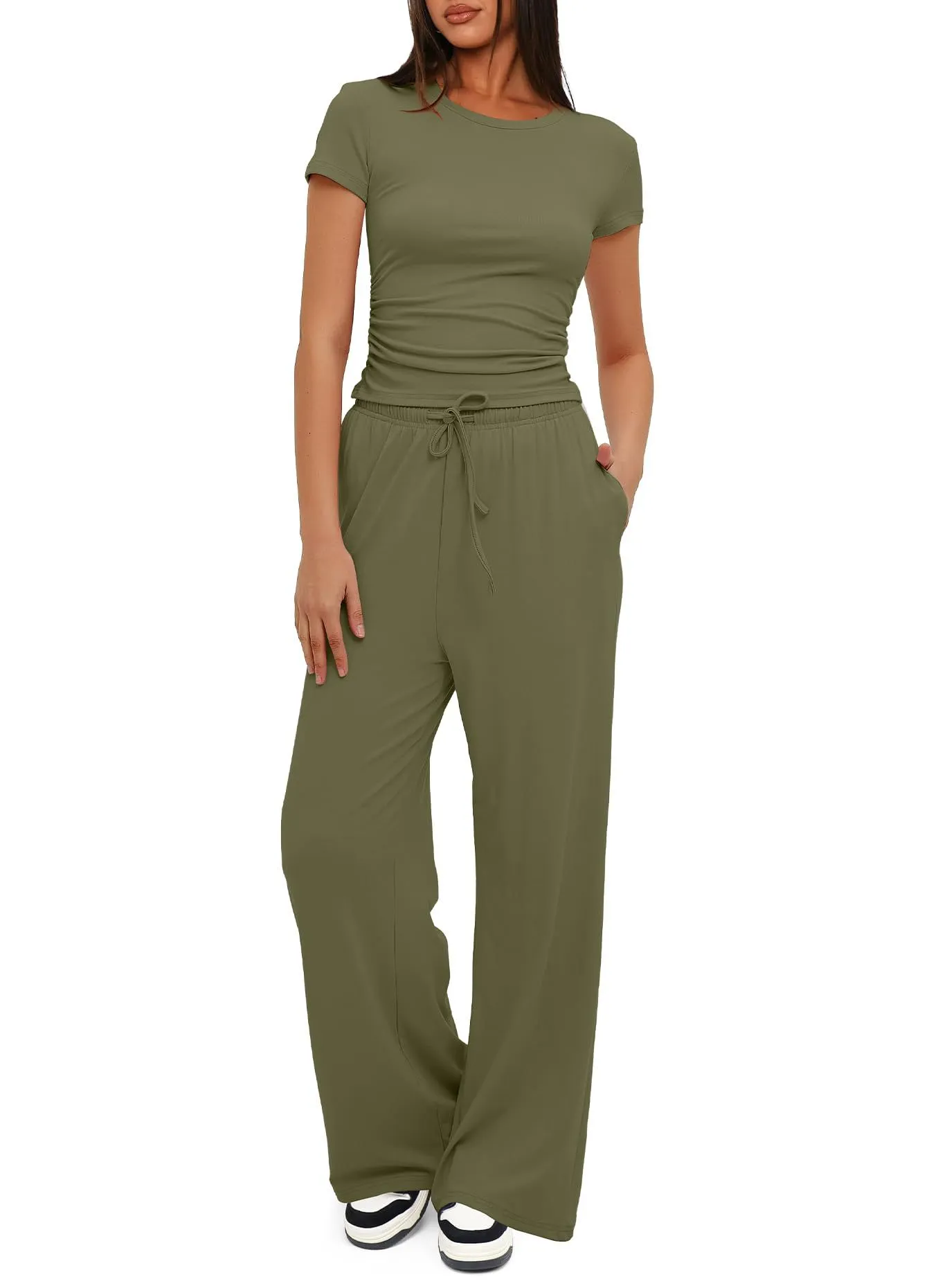 Women Casual Solid Color Short-Sleeved Top High Waist Wide-Leg Trousers Sportswear Set - Image 7
