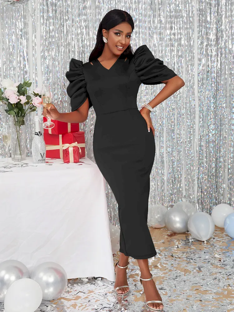 Women Fashion Solid Color Pleated Sleeve Party Dress - Image 3