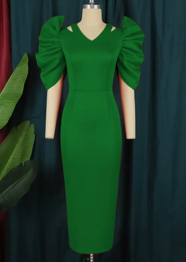 Women Fashion Solid Color Pleated Sleeve Party Dress - Image 4