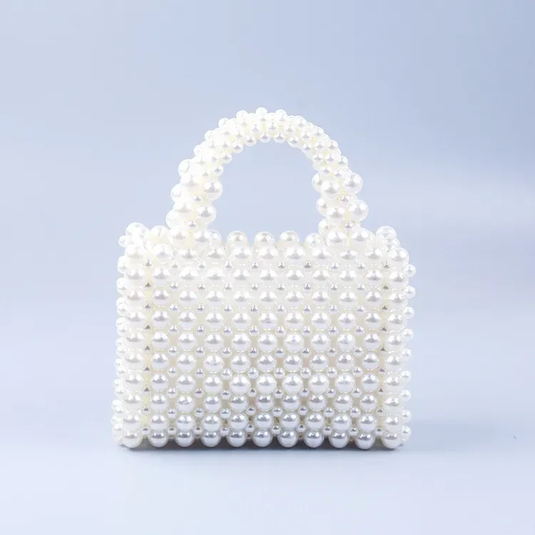 Women Fashion Imitation Pearl Acrylic Beaded Woven Square Handle Evening Bag