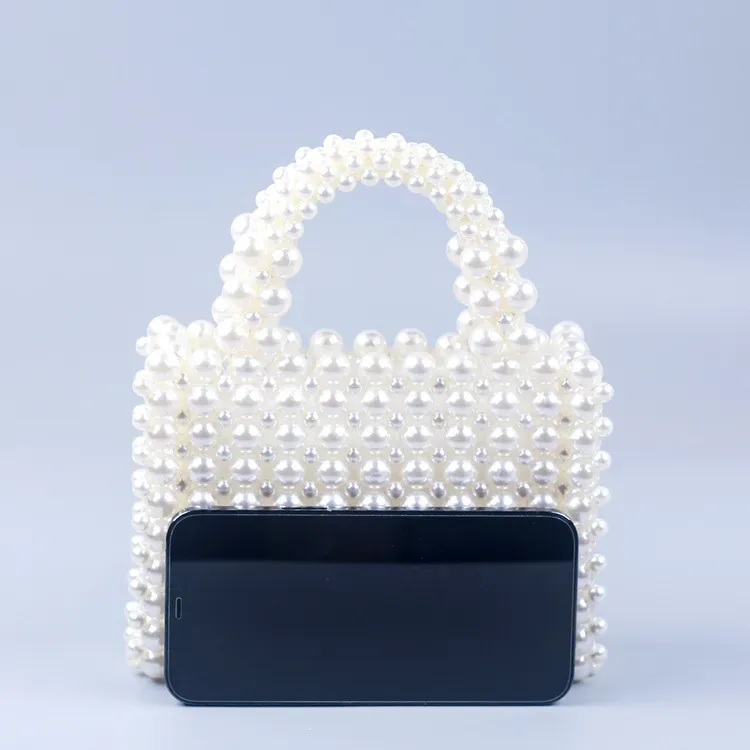 Women Fashion Imitation Pearl Acrylic Beaded Woven Square Handle Evening Bag - Image 3