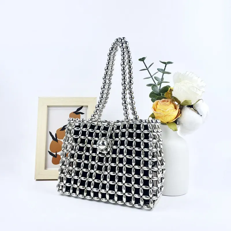 Women Fashionable Large Capacity Handmade Beaded Hollow Square Evening Bag - Image 3