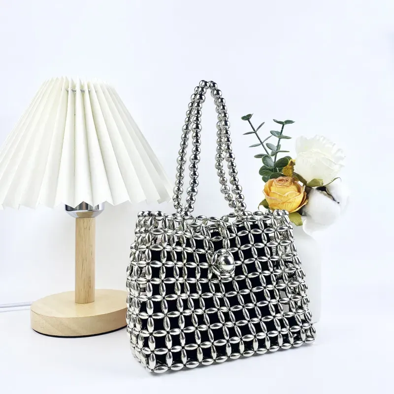Women Fashionable Large Capacity Handmade Beaded Hollow Square Evening Bag - Image 4