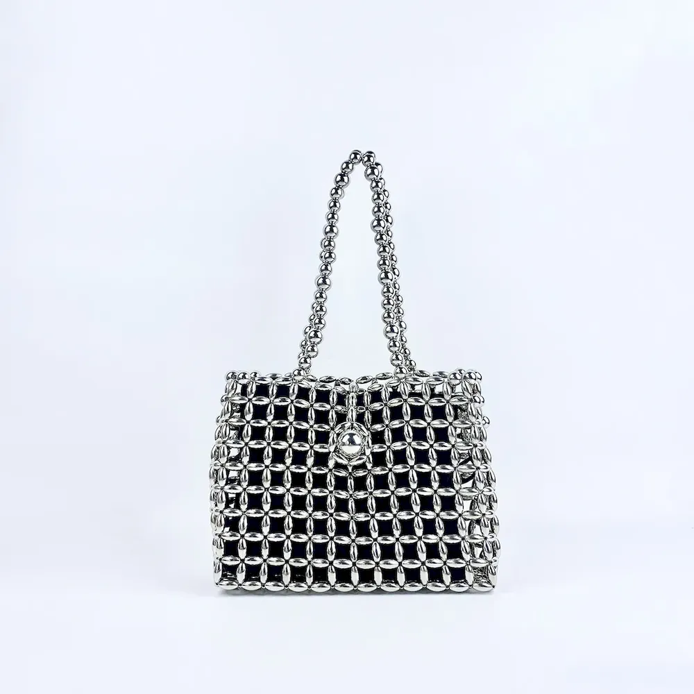 Women Fashionable Large Capacity Handmade Beaded Hollow Square Evening Bag - Image 5