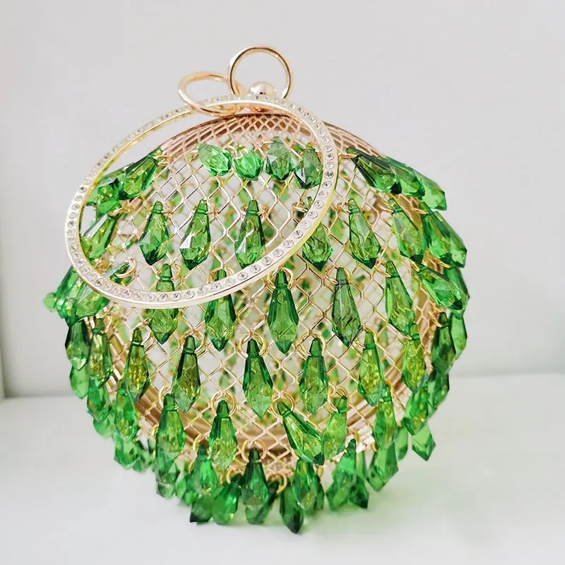 Women Fashion Creative Drop Shape Acrylic Round Metal Birdcage Handle Dinner Bag - Image 3