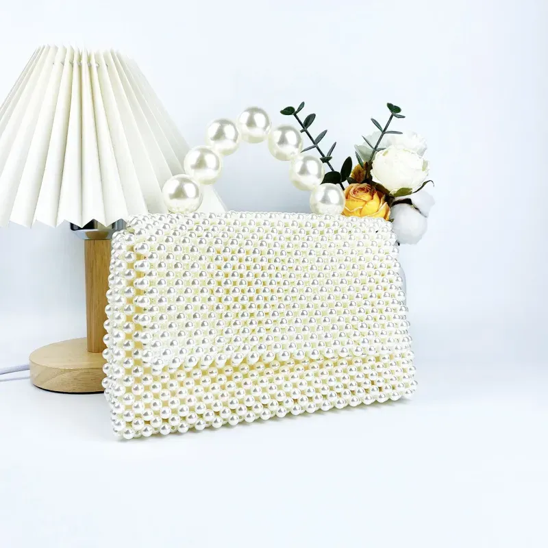 Women Fashionable Simple Handmade Beaded Pearl Handle Square Evening Bag - Image 3