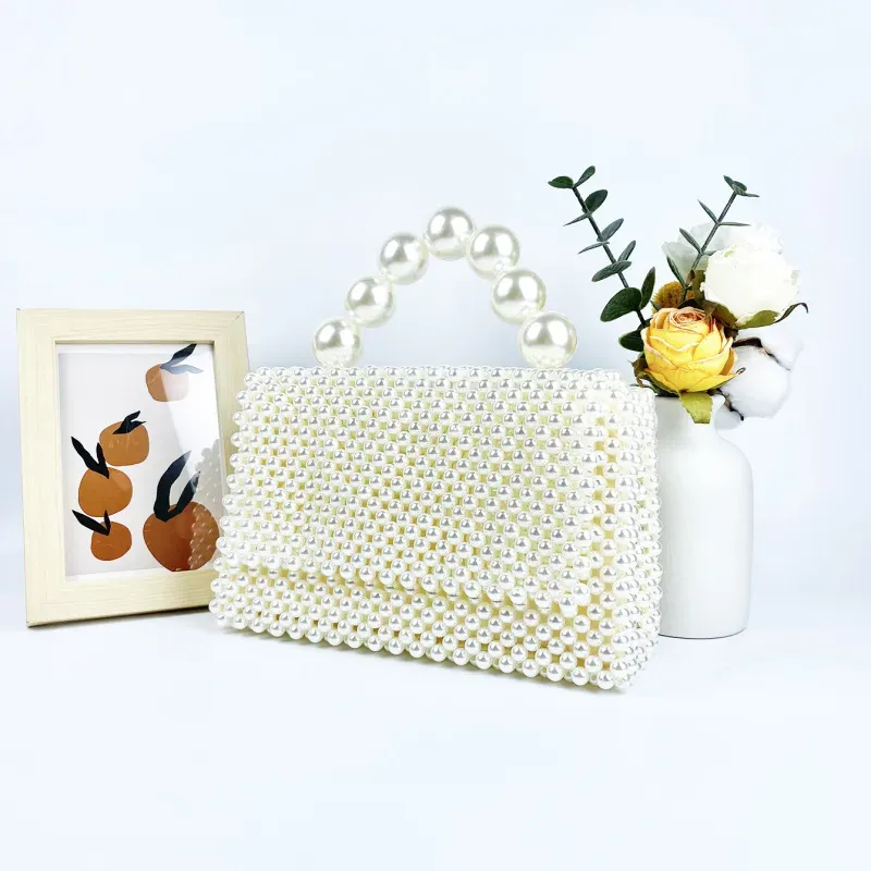 Women Fashionable Simple Handmade Beaded Pearl Handle Square Evening Bag - Image 4
