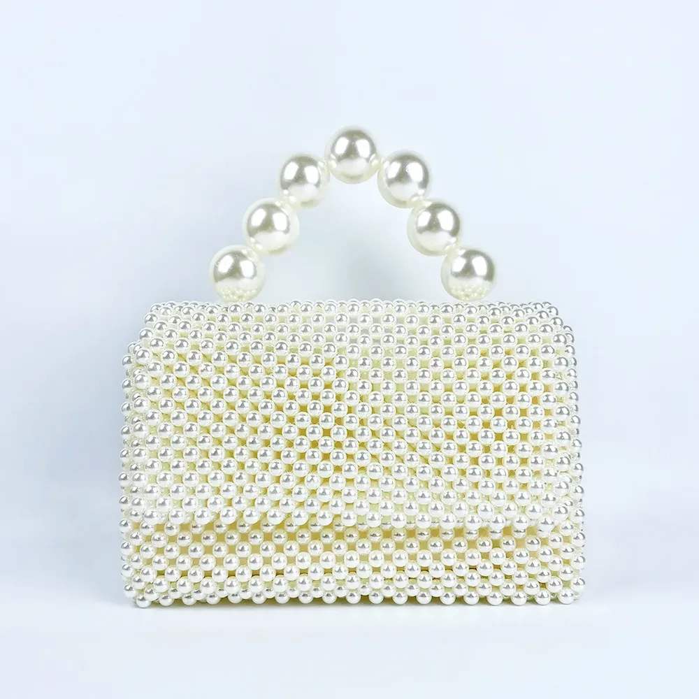 Women Fashionable Simple Handmade Beaded Pearl Handle Square Evening Bag - Image 5