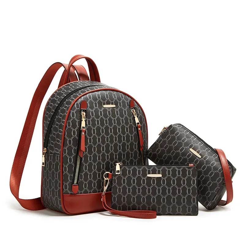 Women Fashion Printed Large Capacity Zipper Backpack Purses Three-Piece Set