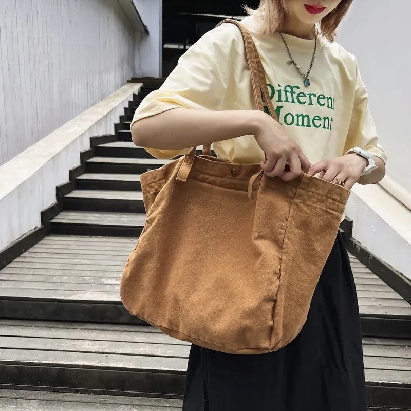 Women Fashion Retro Solid Color Large Capacity Canvas Tote Bag