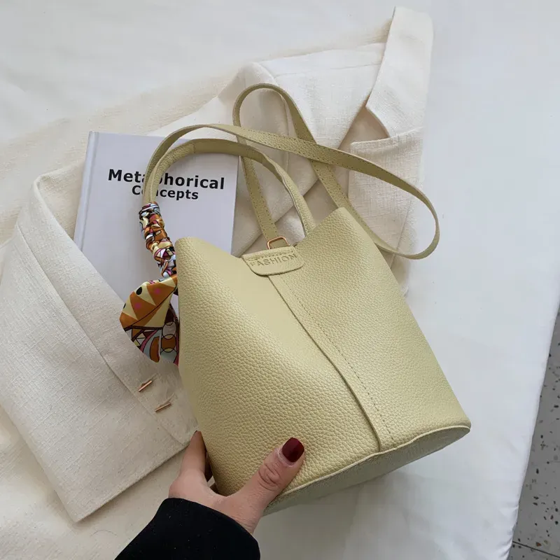 Women Fashion Large Capacity Silk Scarf Decorative Bucket Handle Shoulder Bag - Image 6