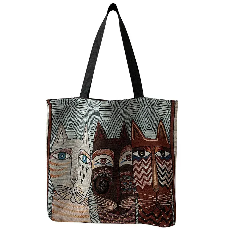 Women Fashion Cartoon Cat Animal Print Large Capacity Canvas Tote Bag - Image 3